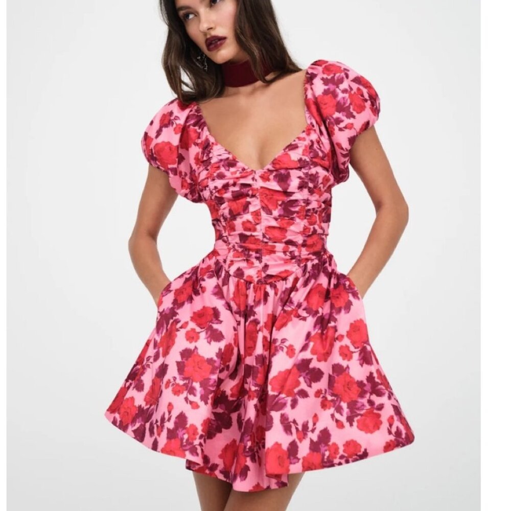 For Love And Lemons Red and Pink Floral Mini Dress